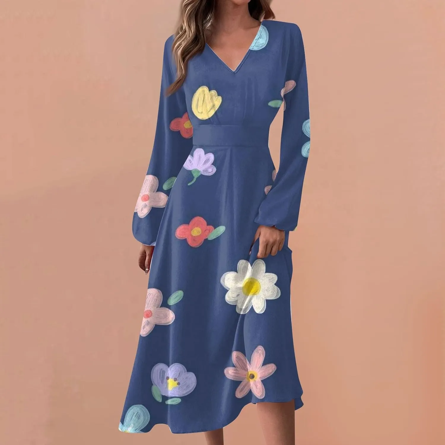 Womens Fall Dresses Long Sleeve V Neck Floral Print Wrap Maxi Dress Ruffle A-Line Flowy Long Dresses