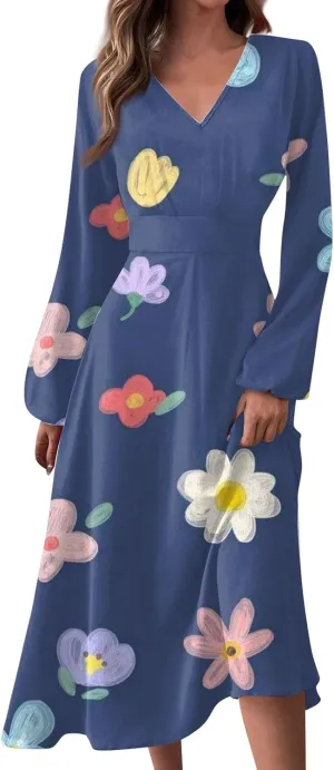 Womens Fall Dresses Long Sleeve V Neck Floral Print Wrap Maxi Dress Ruffle A-Line Flowy Long Dresses