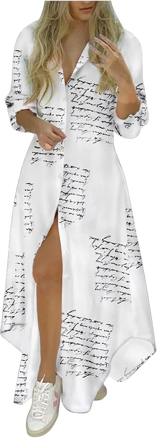 Women's Fall Dresses Sexy Print Button Down Shirt Dresses Long Sleeve Dress