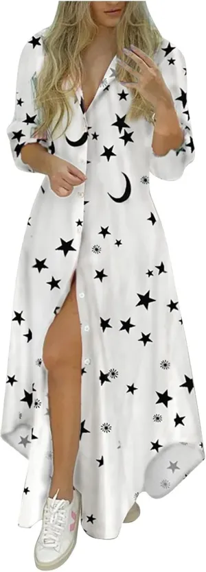 Women's Fall Dresses Sexy Print Button Down Shirt Dresses Long Sleeve Dress