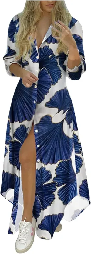 Women's Fall Dresses Sexy Print Button Down Shirt Dresses Long Sleeve Dress