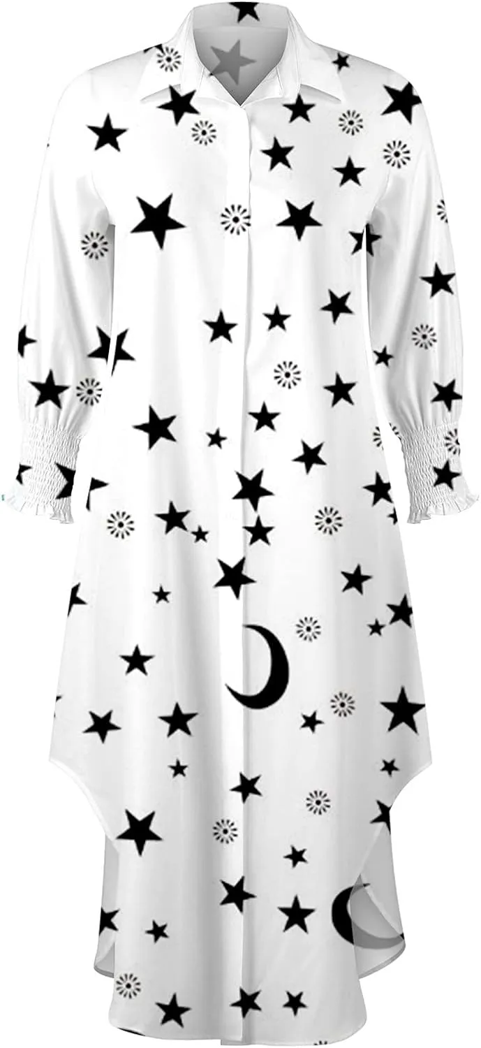 Women's Fall Dresses Sexy Print Button Down Shirt Dresses Long Sleeve Dress
