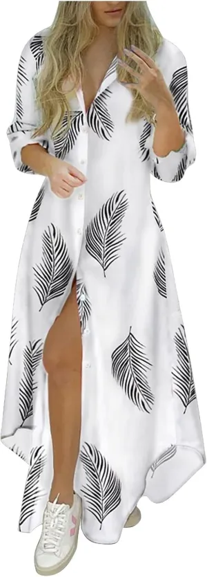 Women's Fall Dresses Sexy Print Button Down Shirt Dresses Long Sleeve Dress
