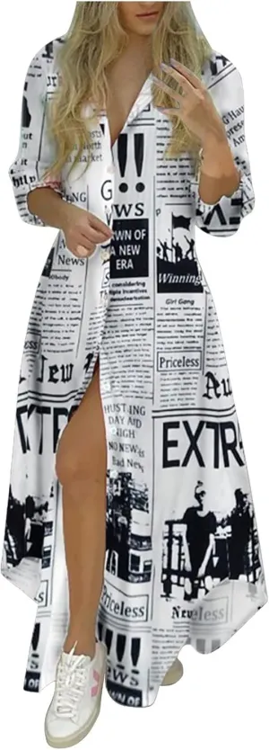 Women's Fall Dresses Sexy Print Button Down Shirt Dresses Long Sleeve Dress