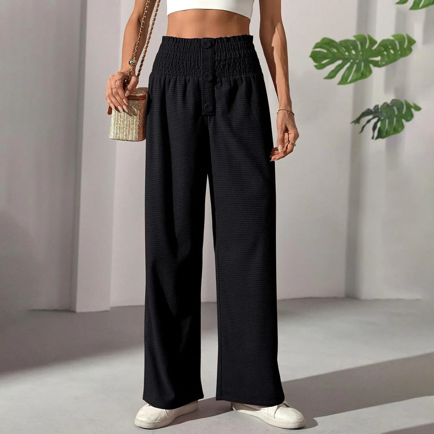 Women's Fall Winter Plaid Casual Long Pants Straight Leg Elastic High Waist Pants Solid Color Comfy Baggy Trousers
