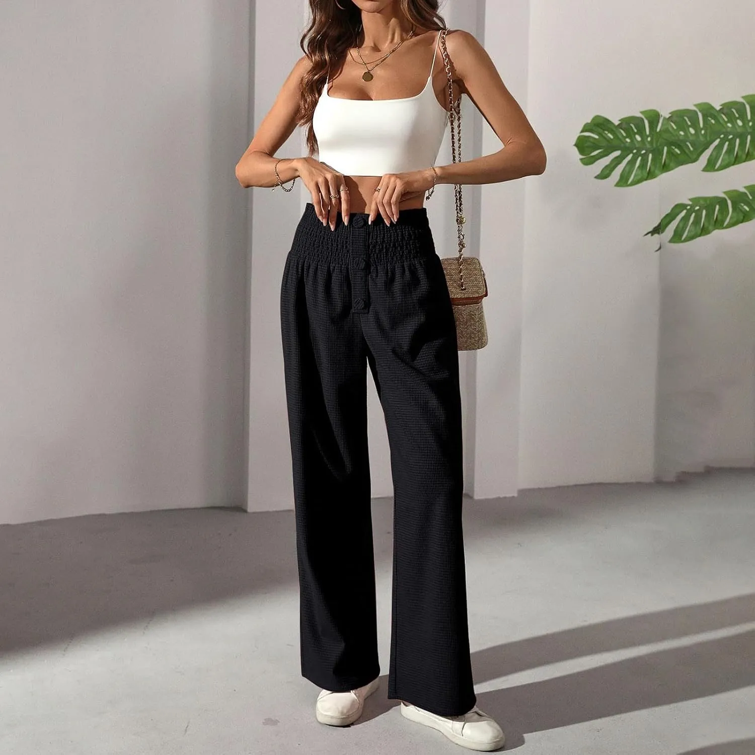 Women's Fall Winter Plaid Casual Long Pants Straight Leg Elastic High Waist Pants Solid Color Comfy Baggy Trousers