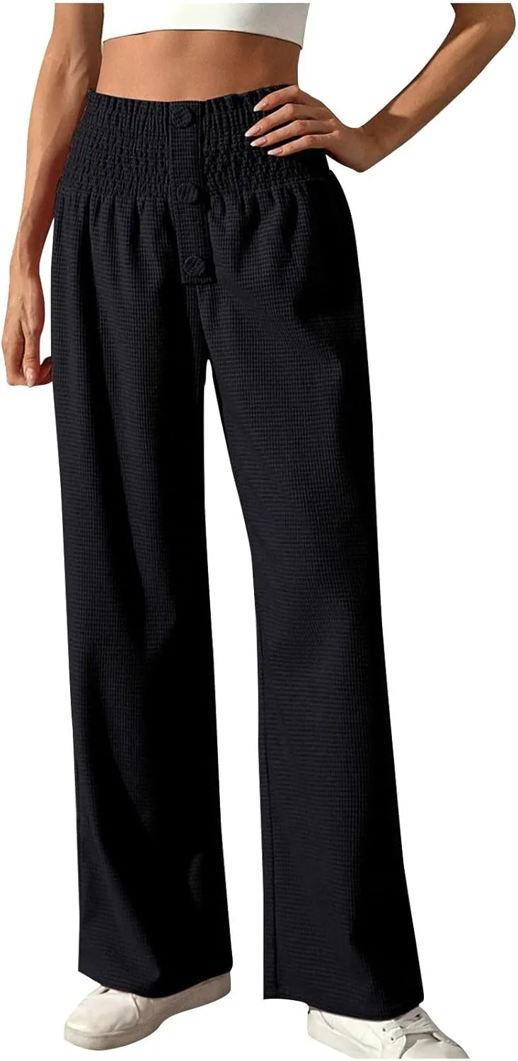 Women's Fall Winter Plaid Casual Long Pants Straight Leg Elastic High Waist Pants Solid Color Comfy Baggy Trousers