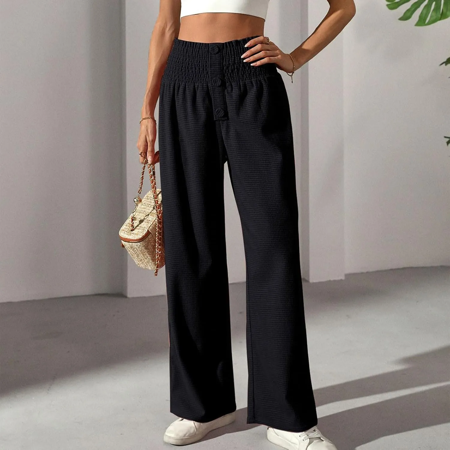 Women's Fall Winter Plaid Casual Long Pants Straight Leg Elastic High Waist Pants Solid Color Comfy Baggy Trousers