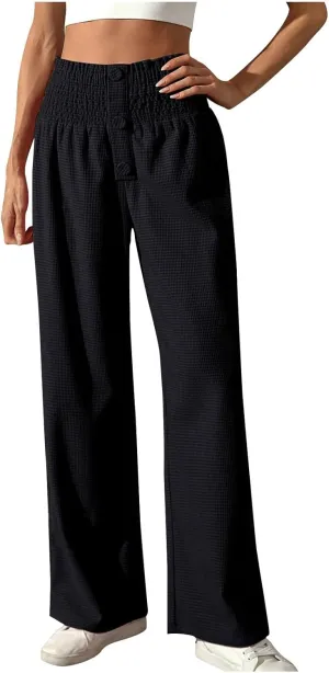 Women's Fall Winter Plaid Casual Long Pants Straight Leg Elastic High Waist Pants Solid Color Comfy Baggy Trousers