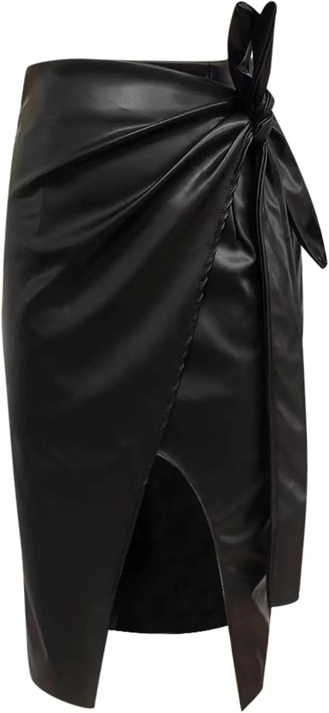 Womens Faux Leather Midi Skirt High Waisted Wrap Ruched Front Slit Zip Back Bodycon Skirts Pencil Skirt