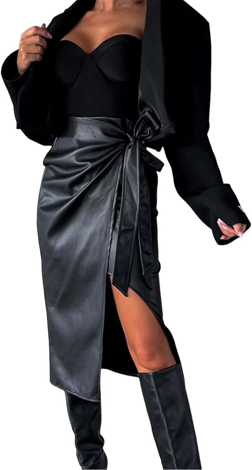 Womens Faux Leather Midi Skirt High Waisted Wrap Ruched Front Slit Zip Back Bodycon Skirts Pencil Skirt