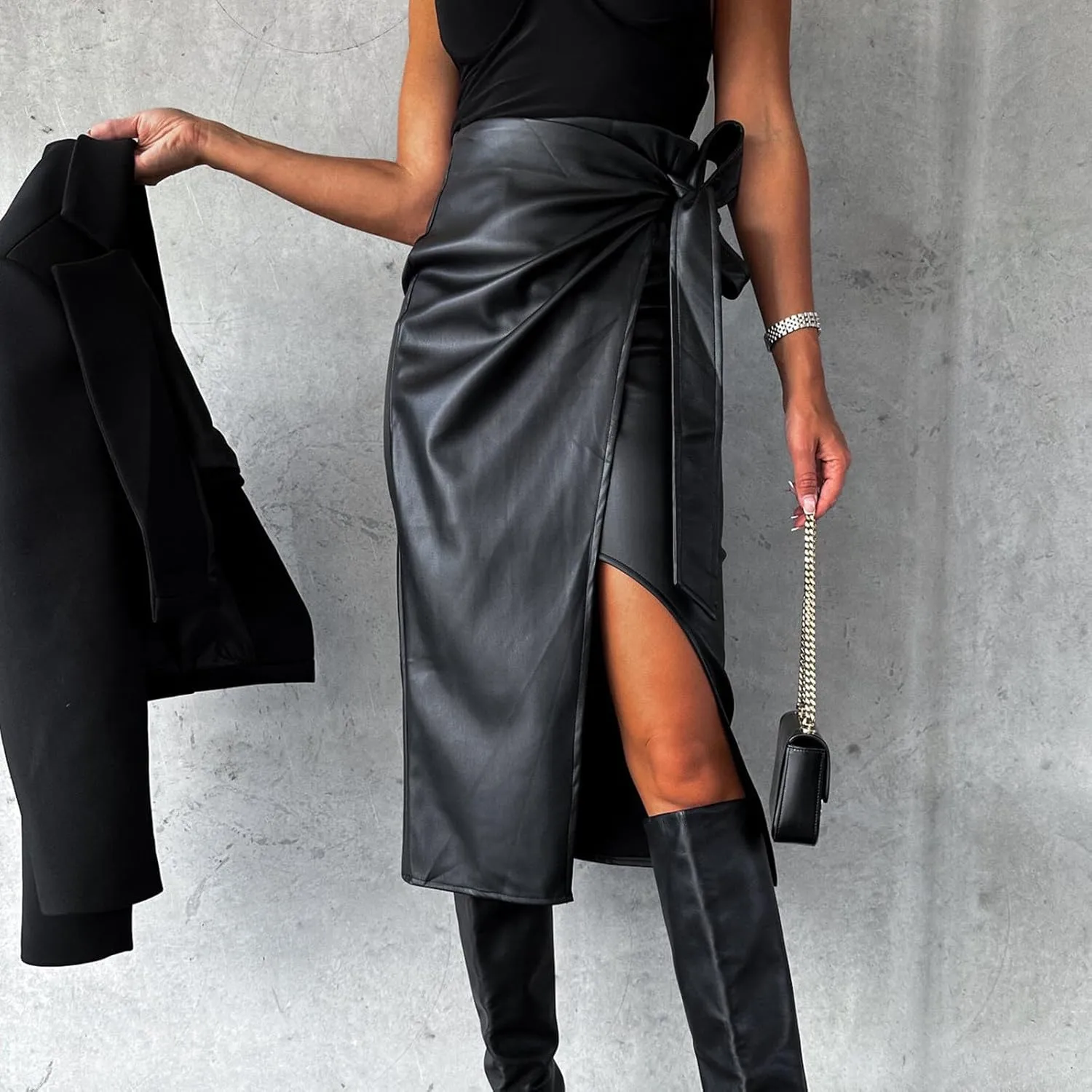 Womens Faux Leather Midi Skirt High Waisted Wrap Ruched Front Slit Zip Back Bodycon Skirts Pencil Skirt