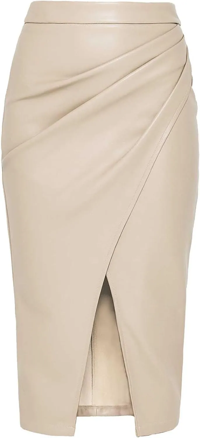 Womens Faux Leather Midi Skirt High Waisted Wrap Ruched Front Slit Zip Back Bodycon Skirts Pencil Skirt