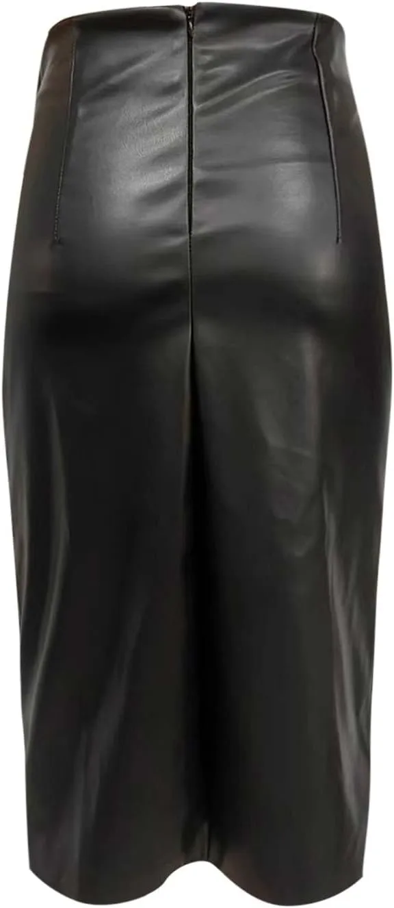 Womens Faux Leather Midi Skirt High Waisted Wrap Ruched Front Slit Zip Back Bodycon Skirts Pencil Skirt