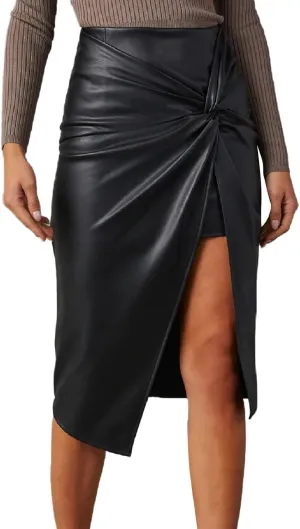Womens Faux Leather Midi Skirt High Waisted Wrap Ruched Front Slit Zip Back Bodycon Skirts Pencil Skirt