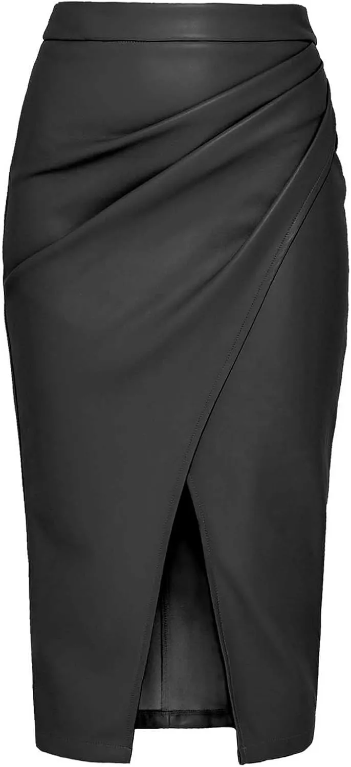 Womens Faux Leather Midi Skirt High Waisted Wrap Ruched Front Slit Zip Back Bodycon Skirts Pencil Skirt