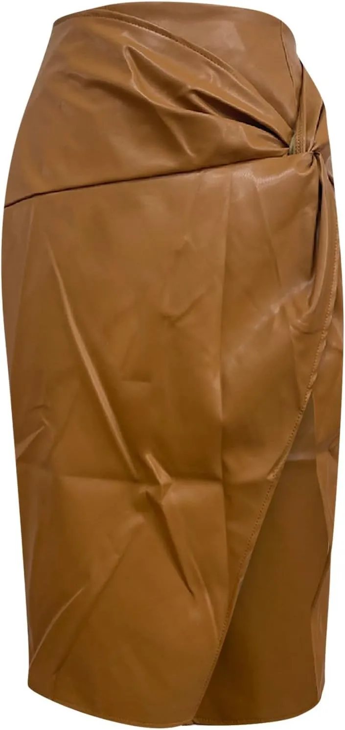 Womens Faux Leather Midi Skirt High Waisted Wrap Ruched Front Slit Zip Back Bodycon Skirts Pencil Skirt