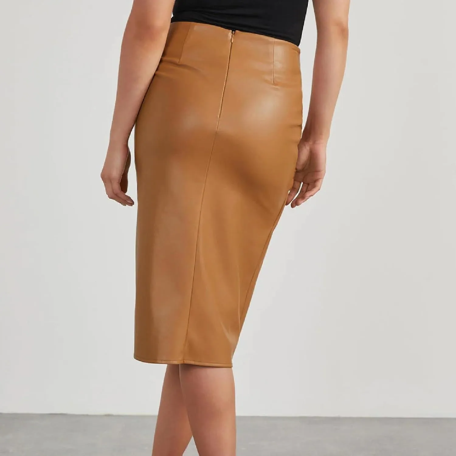 Womens Faux Leather Midi Skirt High Waisted Wrap Ruched Front Slit Zip Back Bodycon Skirts Pencil Skirt
