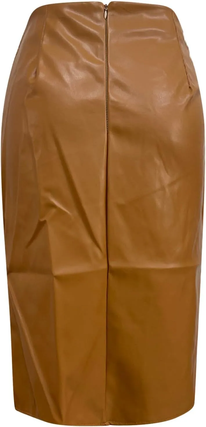 Womens Faux Leather Midi Skirt High Waisted Wrap Ruched Front Slit Zip Back Bodycon Skirts Pencil Skirt