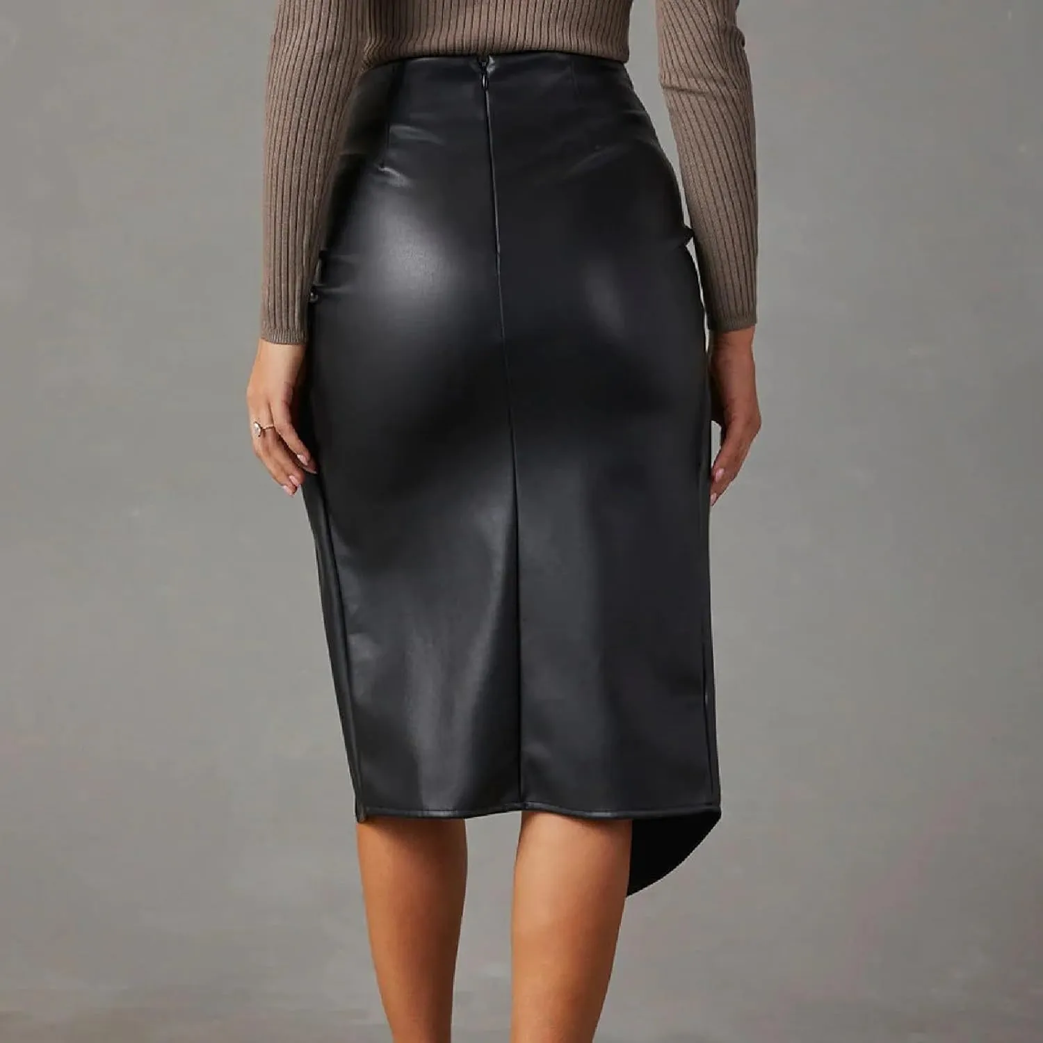 Womens Faux Leather Midi Skirt High Waisted Wrap Ruched Front Slit Zip Back Bodycon Skirts Pencil Skirt