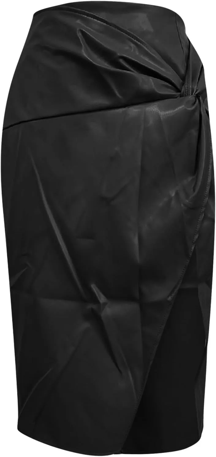 Womens Faux Leather Midi Skirt High Waisted Wrap Ruched Front Slit Zip Back Bodycon Skirts Pencil Skirt
