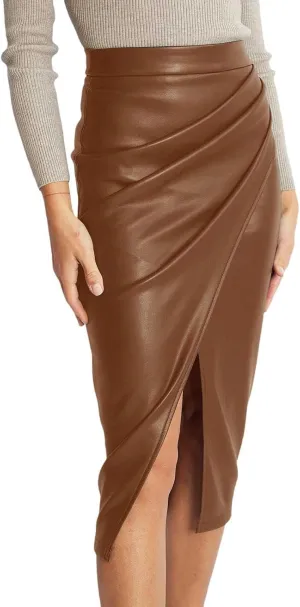 Womens Faux Leather Midi Skirt High Waisted Wrap Ruched Front Slit Zip Back Bodycon Skirts Pencil Skirt