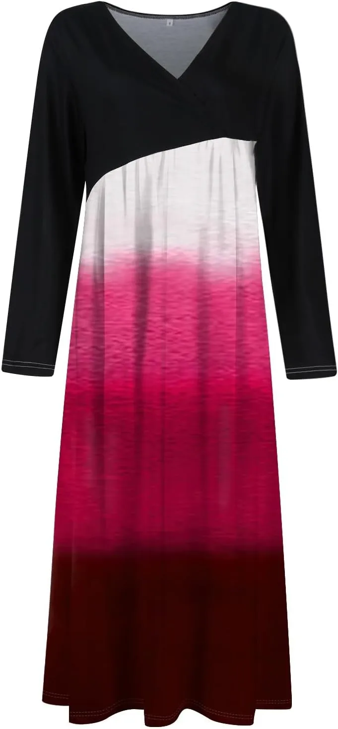 Women's Floral Print Waist Large Swing Sexy Dress 2025 Casual Fashion V-Neck Long Sleeve Dresses with Pocket