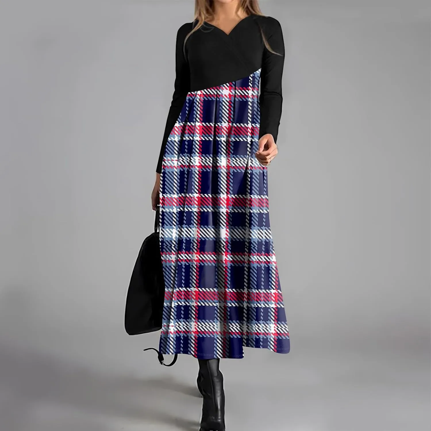 Women's Floral Print Waist Large Swing Sexy Dress 2025 Casual Fashion V-Neck Long Sleeve Dresses with Pocket