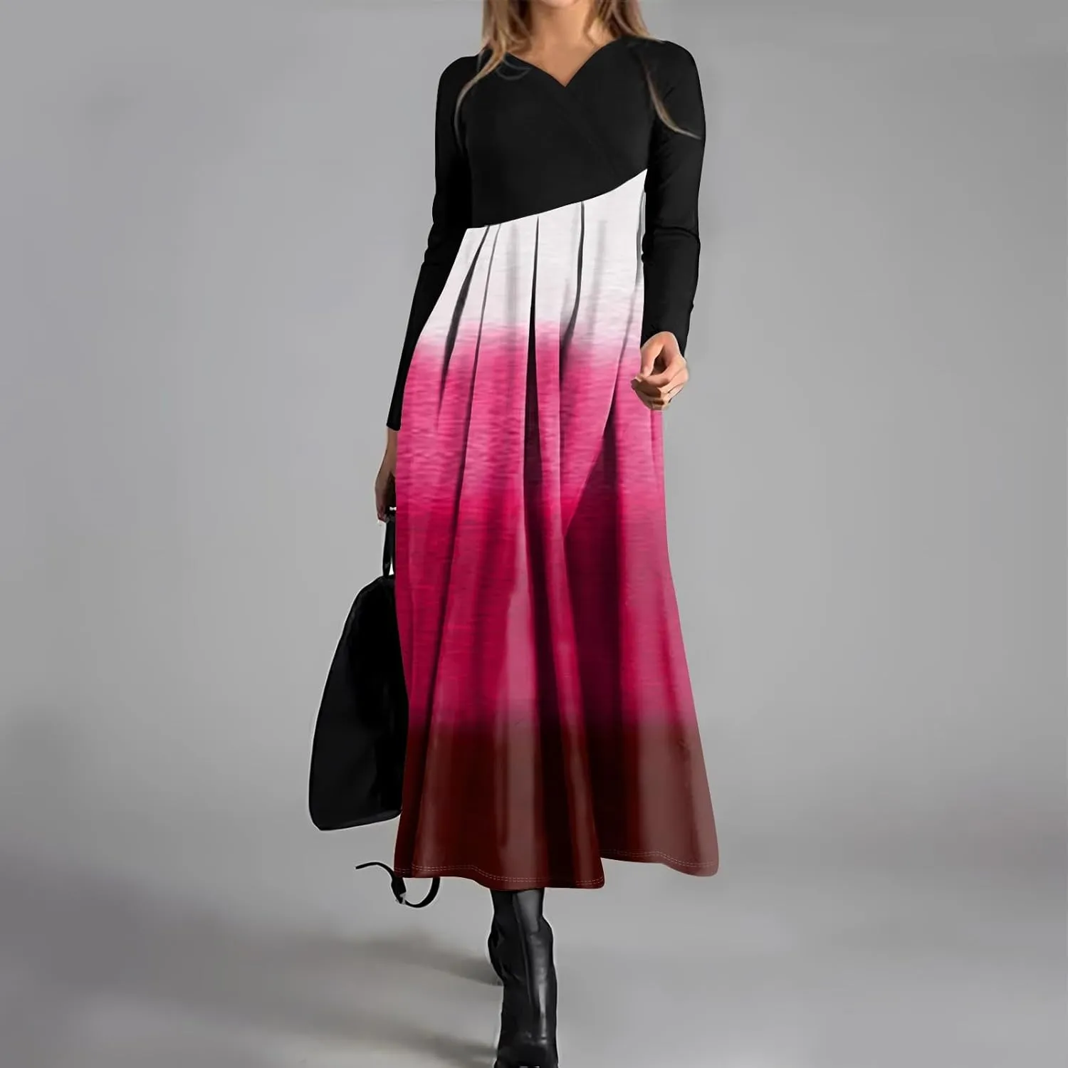 Women's Floral Print Waist Large Swing Sexy Dress 2025 Casual Fashion V-Neck Long Sleeve Dresses with Pocket