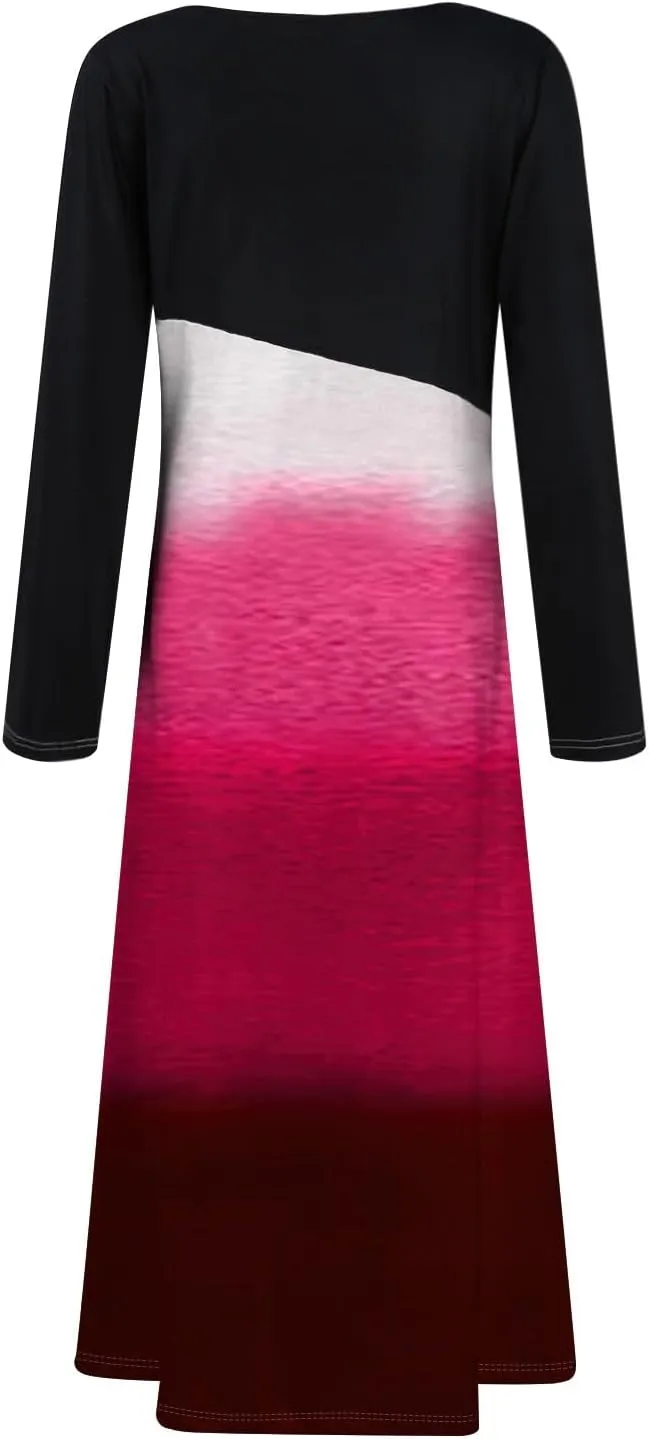 Women's Floral Print Waist Large Swing Sexy Dress 2025 Casual Fashion V-Neck Long Sleeve Dresses with Pocket