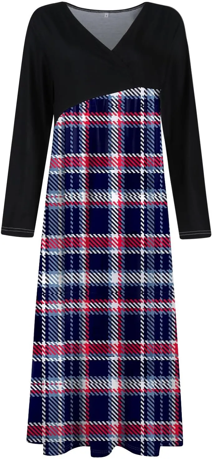 Women's Floral Print Waist Large Swing Sexy Dress 2025 Casual Fashion V-Neck Long Sleeve Dresses with Pocket