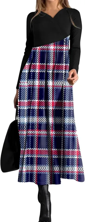 Women's Floral Print Waist Large Swing Sexy Dress 2025 Casual Fashion V-Neck Long Sleeve Dresses with Pocket