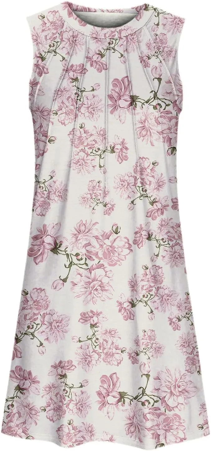Womens Floral Sun Dresses Petite Beach Vacation Sleeveless Mini Boho Dress Cocktail Party Summer Swimsuit Coverup