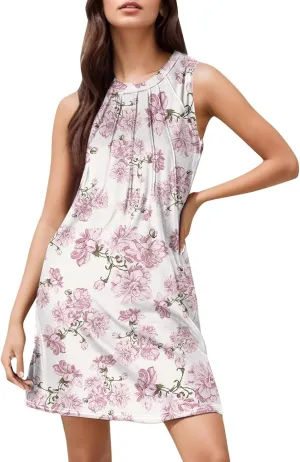 Womens Floral Sun Dresses Petite Beach Vacation Sleeveless Mini Boho Dress Cocktail Party Summer Swimsuit Coverup