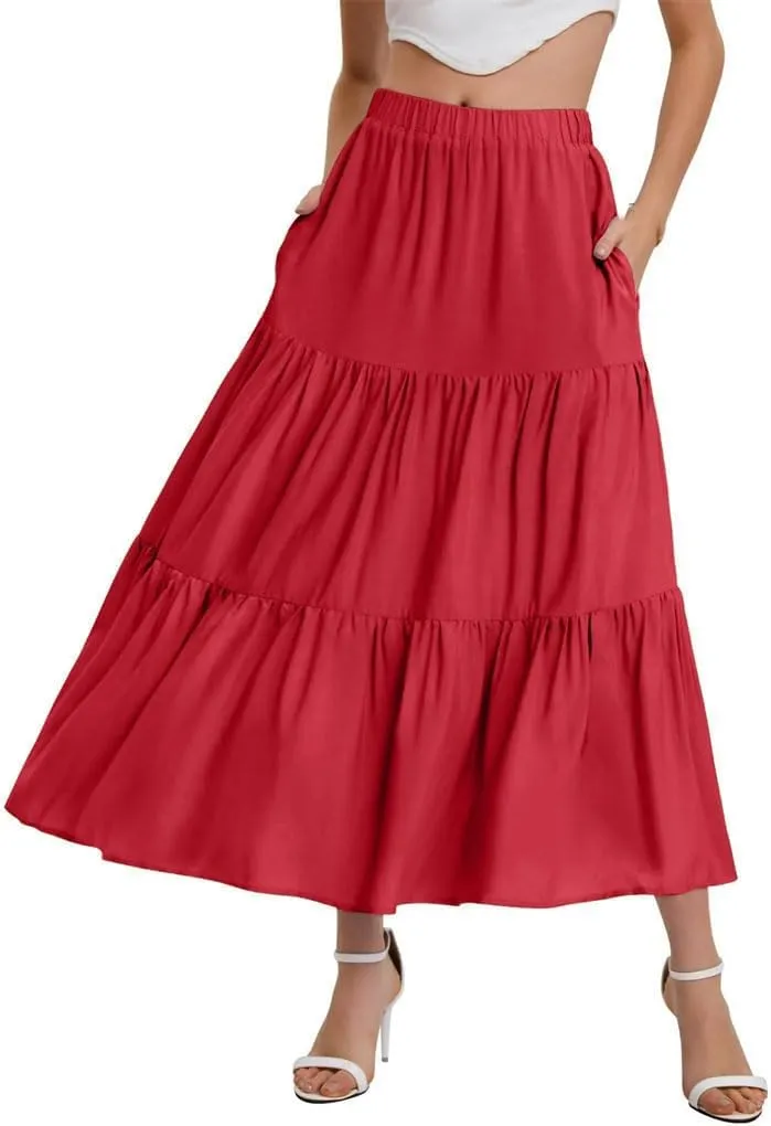 Women's Flowing Ruffles Hem Tiered Maxi Skirts Bohemian Elastic Waist A Line Skirts