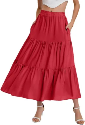 Women's Flowing Ruffles Hem Tiered Maxi Skirts Bohemian Elastic Waist A Line Skirts