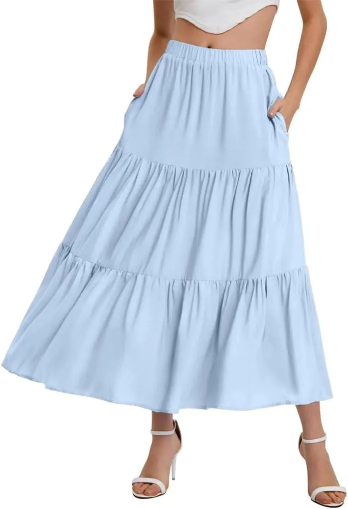 Women's Flowing Ruffles Hem Tiered Maxi Skirts Bohemian Elastic Waist A Line Skirts