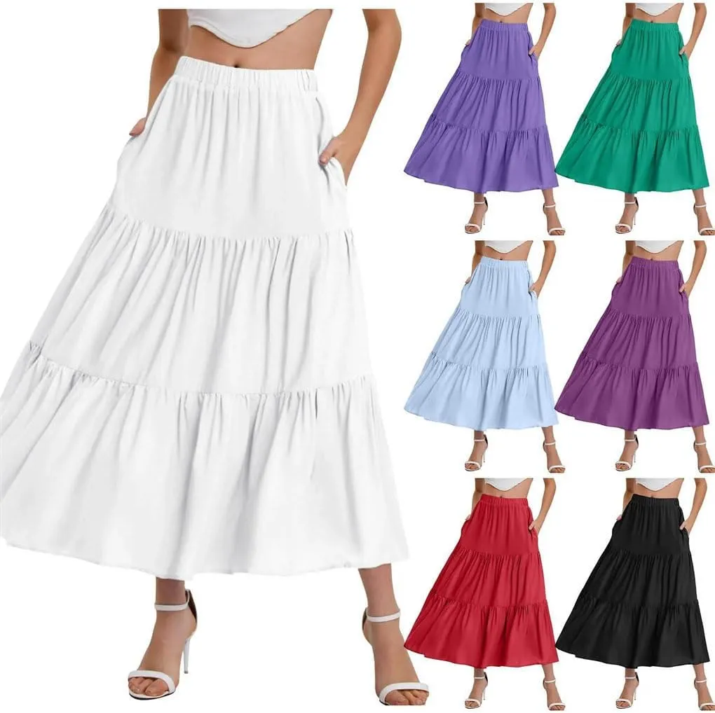 Women's Flowing Ruffles Hem Tiered Maxi Skirts Bohemian Elastic Waist A Line Skirts
