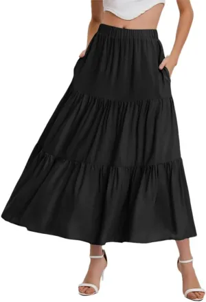 Women's Flowing Ruffles Hem Tiered Maxi Skirts Bohemian Elastic Waist A Line Skirts