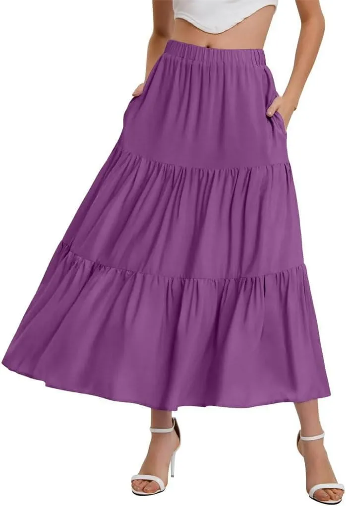 Women's Flowing Ruffles Hem Tiered Maxi Skirts Bohemian Elastic Waist A Line Skirts