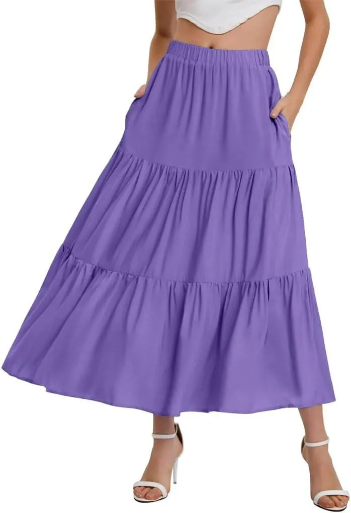 Women's Flowing Ruffles Hem Tiered Maxi Skirts Bohemian Elastic Waist A Line Skirts
