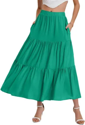 Women's Flowing Ruffles Hem Tiered Maxi Skirts Bohemian Elastic Waist A Line Skirts