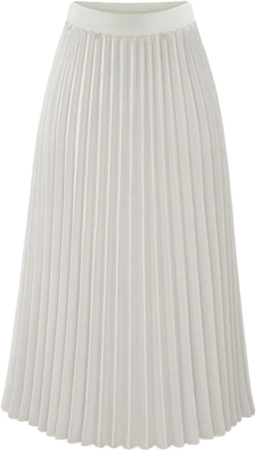 Womens High Elastic Waist Pleated Chiffon Skirt Midi Swing A-line Skirt Dressy Plain Solid Color Elegant Long Skirts