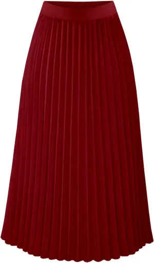 Womens High Elastic Waist Pleated Chiffon Skirt Midi Swing A-line Skirt Dressy Plain Solid Color Elegant Long Skirts