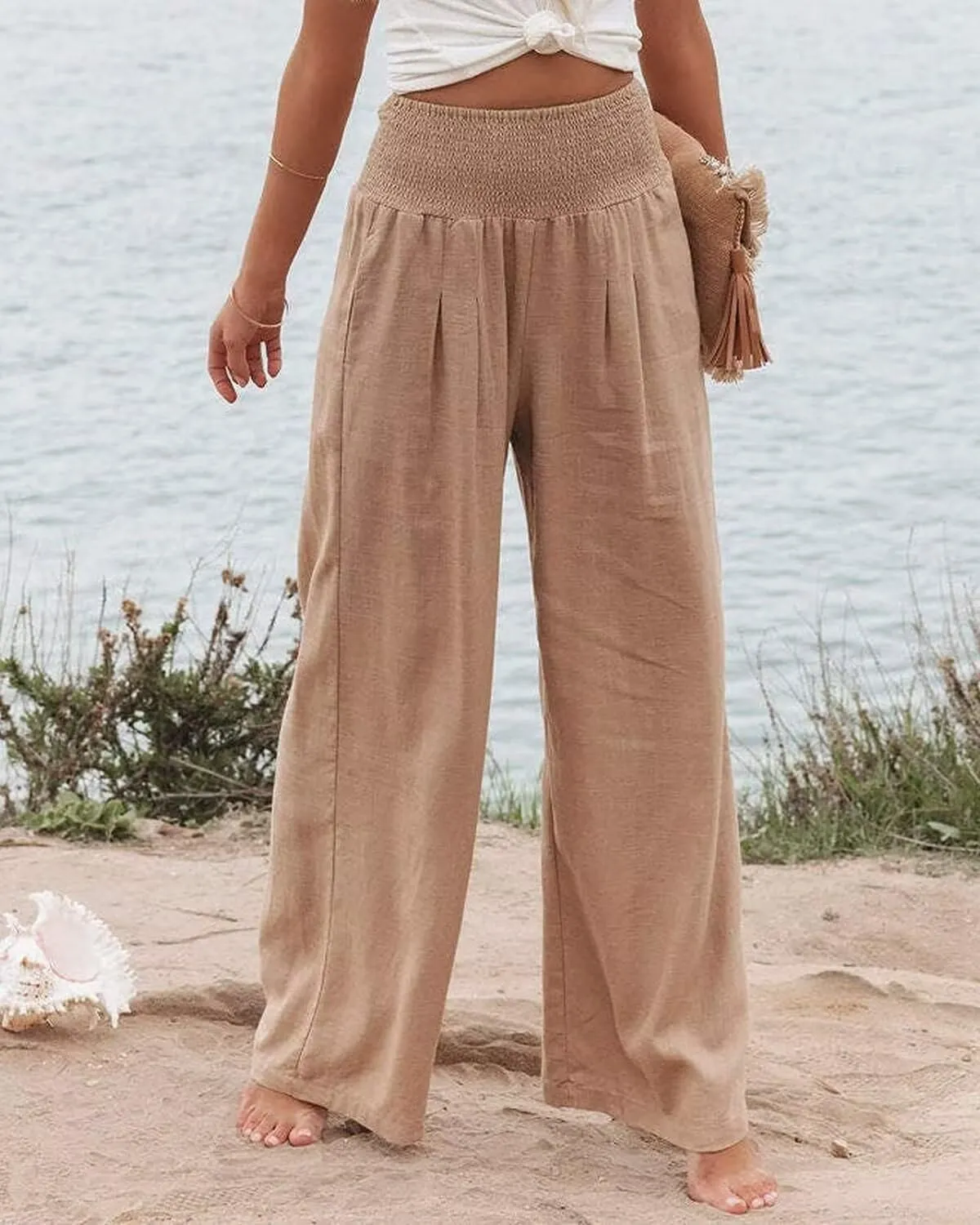 Women's High Waist Breathable Casual Wide Leg Pants with Pockets Hundred Solid Color Cotton Linen Pants