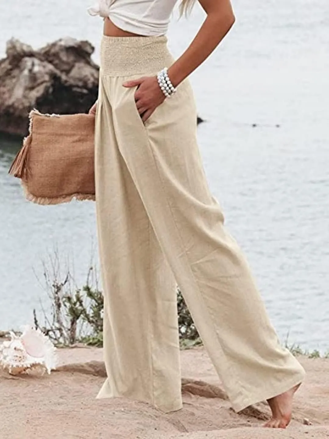 Women's High Waist Breathable Casual Wide Leg Pants with Pockets Hundred Solid Color Cotton Linen Pants