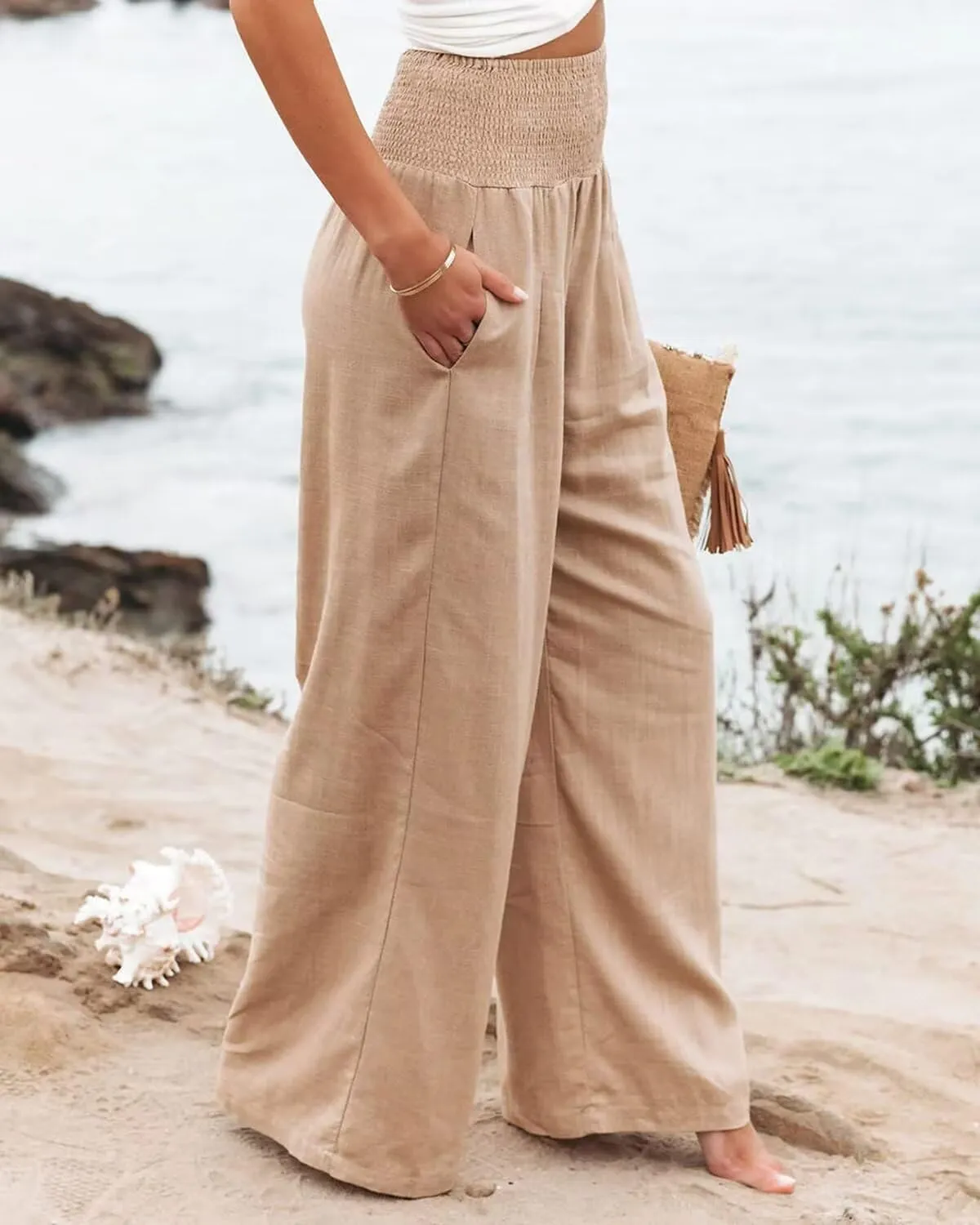 Women's High Waist Breathable Casual Wide Leg Pants with Pockets Hundred Solid Color Cotton Linen Pants