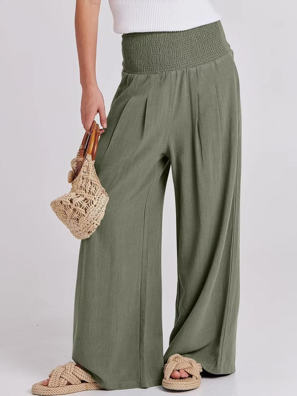 Women's High Waist Breathable Casual Wide Leg Pants with Pockets Hundred Solid Color Cotton Linen Pants
