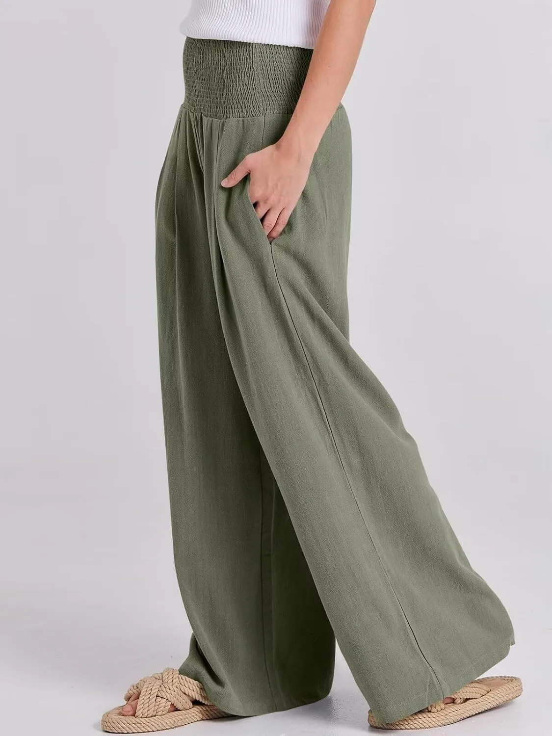 Women's High Waist Breathable Casual Wide Leg Pants with Pockets Hundred Solid Color Cotton Linen Pants
