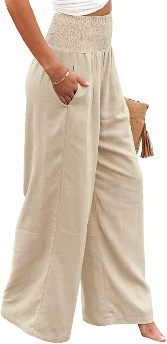 Women's High Waist Breathable Casual Wide Leg Pants with Pockets Hundred Solid Color Cotton Linen Pants